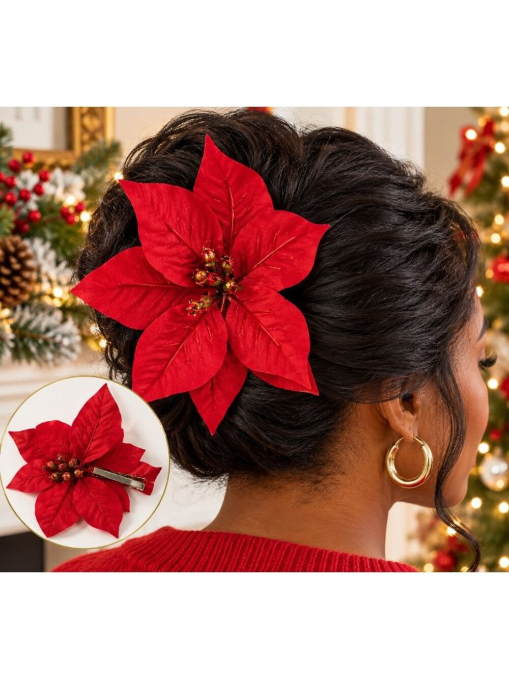 Christmas Red Velvet Poinsettia Hair Clip – Festive Holiday Flower Barrette, Gli